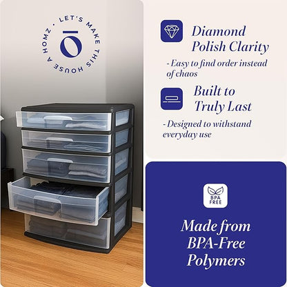 HOMZ Drawer Tower, 5-Tier Extra-Wide Clear Plastic Storage Organizer Cart, Black Frame - Stackable Container Boxes for Bedroom, Bathroom, Garage, and Office Organization