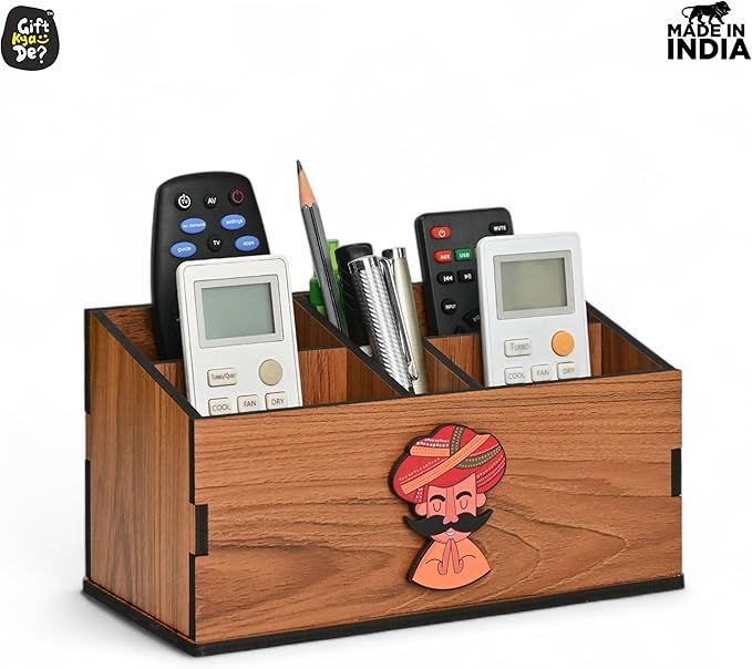 GKD Remote Stand with 5 Sections | Wooden Remote Holder for Living Room, TV and AC | Stationary Organizer | 5 in 1 | Ideal for Home and Office, New Year Gift (Brown Rajasthan)