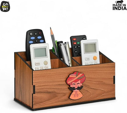 GKD Remote Stand with 5 Sections | Wooden Remote Holder for Living Room, TV and AC | Stationary Organizer | 5 in 1 | Ideal for Home and Office, New Year Gift (Brown Rajasthan)