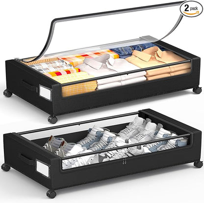 YEEBONIX Under Bed Storage With Wheels, 2 Pack Square Containers, 60L Bins, Rolling Metal Drawer for Clothes, Blankets, Shoes