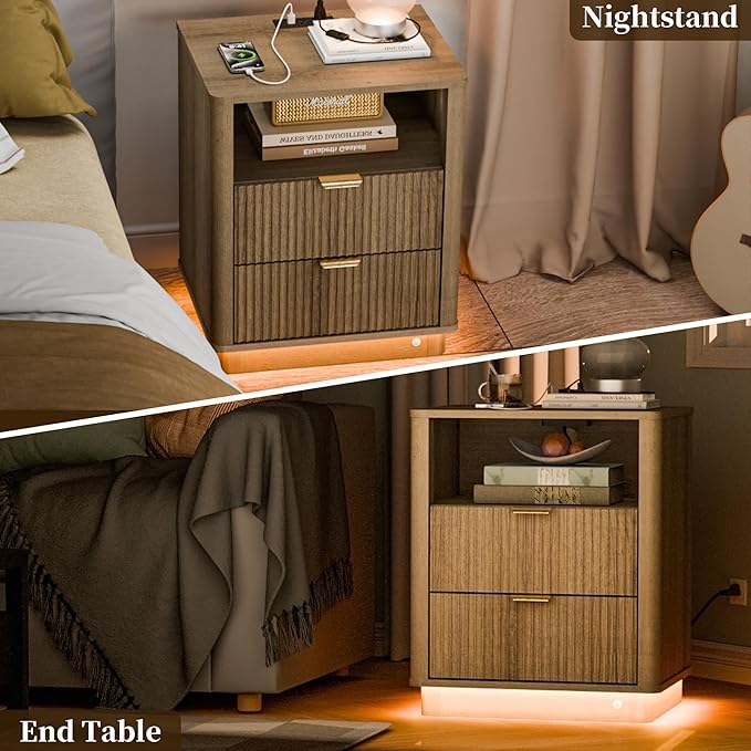 BONITURE 20'' Led Fluted Nightstand, Curved Night Stand with Charging Station Lighting, Wood End Table with 2 Drawers, Modern Side Table Storage Cabinet for Bedroom Office,(1, Natural)