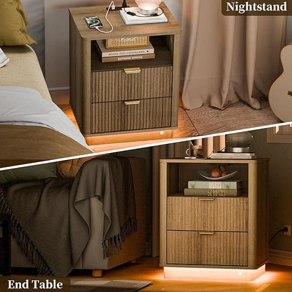 BONITURE 20'' Led Fluted Nightstand, Curved Night Stand with Charging Station Lighting, Wood End Table with 2 Drawers, Modern Side Table Storage Cabinet for Bedroom Office,(1, Natural)