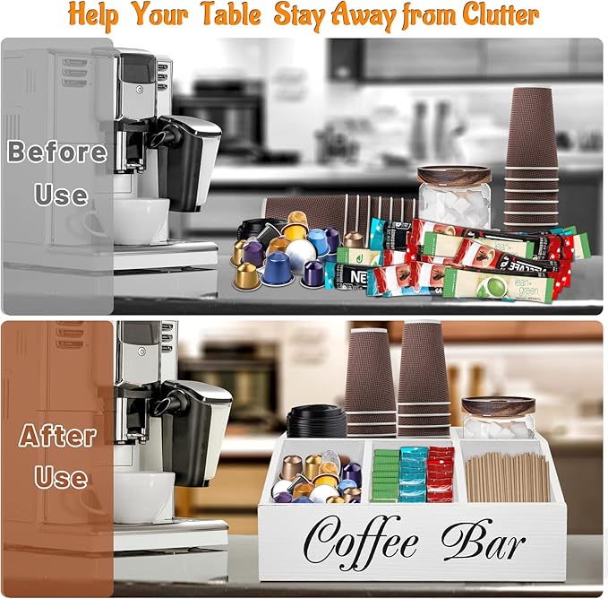 ugiftt Coffee Station Organizer for Counter, Wood Coffee Pods Holder Storage Basket, Tea Condiment Storage Organizer, Rustic Wood Bar Decor for Accessories