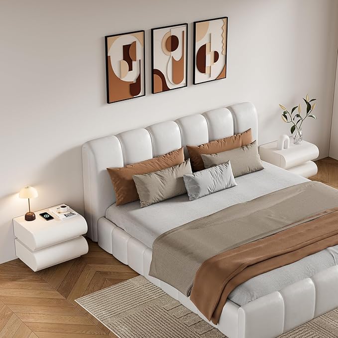 homary Smart Nightstand with Wireless Charging, USB & Type-C Ports – Modern White Leather Night Stand with 2 Drawers, Bedside Table for Bedroom