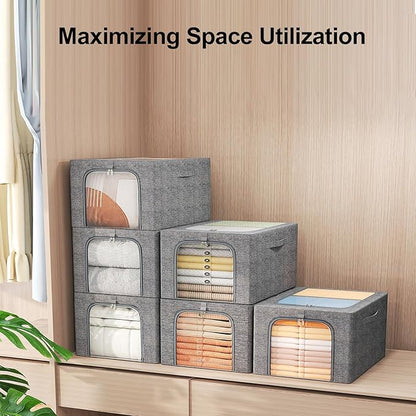 GoMaihe Clothes Storage Bins Metal Frame: 6-Pack Compact Stackable Closet Storage Bin with Lid & Clear Window, Space Saving Organizer for Sweaters Kids Clothing (Dorm/Closet 27L)