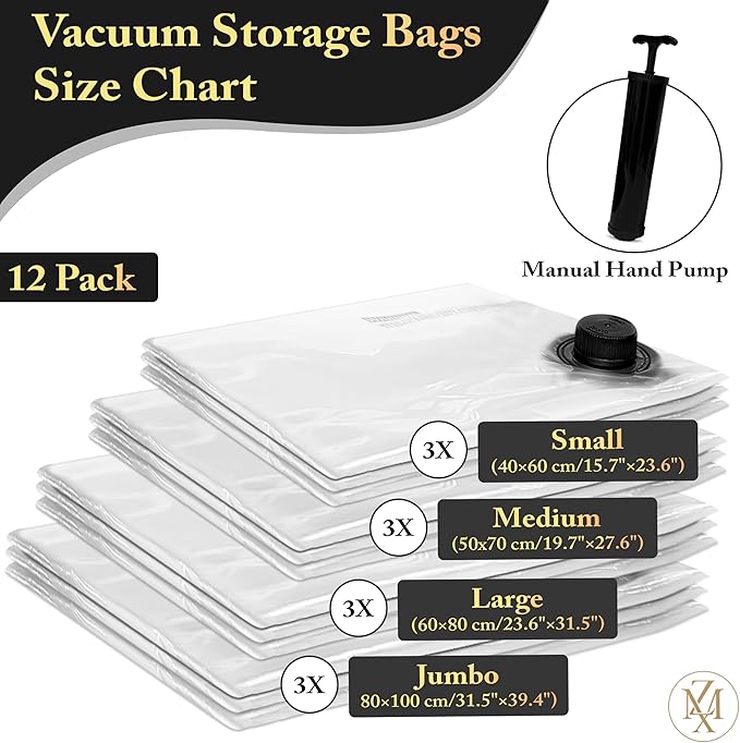 CasaZX Vacuum Storage Bags 12 Pack Without Hand Pump – Space Saver Compression Bags, Airtight Double-Zip & Triple Valve, Reusable, Lavender Freshness, Bedding, Travel (S/M/L/Jumbo) (Without Pump)