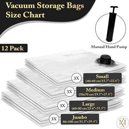 CasaZX Vacuum Storage Bags 12 Pack Without Hand Pump – Space Saver Compression Bags, Airtight Double-Zip & Triple Valve, Reusable, Lavender Freshness, Bedding, Travel (S/M/L/Jumbo) (Without Pump)