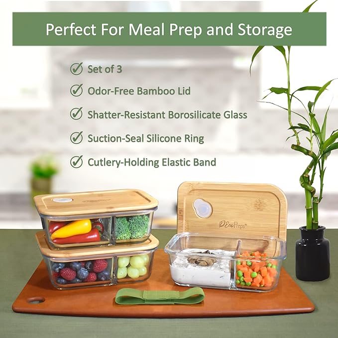 EcoPreps Glass Meal Prep Containers with Bamboo Lids, 2 Compartment Glass Bento Box Container Set (3 Pack) | 100% Plastic Free, Eco-Friendly, Lunch Containers with Lids Made of Bamboo - Set of 3