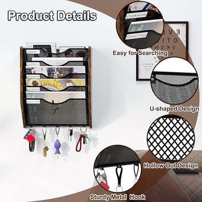 Wall File Organizer With Hooks, 5 Tier Mesh Mail Organizer Wall Mounted,Hanging File Organizer,Magazine Holder for Documents,Magazine,Literature,File,Mails,Envelopes