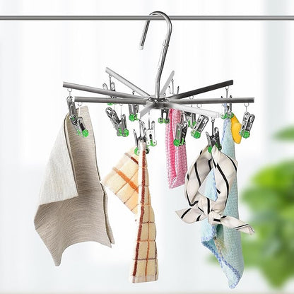 Drying Hanger, Hanging Drying Rack, Drip Hanger Stainless Steel with 16 Pegs for Laundry Underwear Socks, Quickly Remove Clothes from Hanger, Windproof, Folding Portable, (Green)