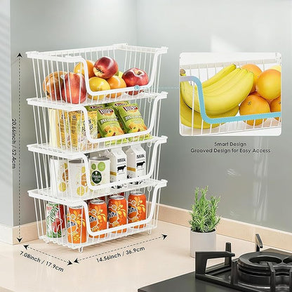 4 Pcs Stackable Wire Baskets for Pantry Organizers and Storage,Vegetable Fruit Basket for Countertop,Kitchen Storage Metal Baskets,Produce Potato Onion Storage Bin,White
