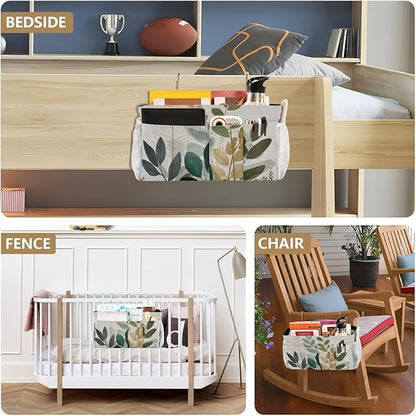 CuwrYet Bedside Caddy Hanging Bunk Bed Caddy Bed Organizer Hanging Pocket with 2 Hooks Bedside Storage Organizer Pocket Bag Holder Beige Boho Style Leaves