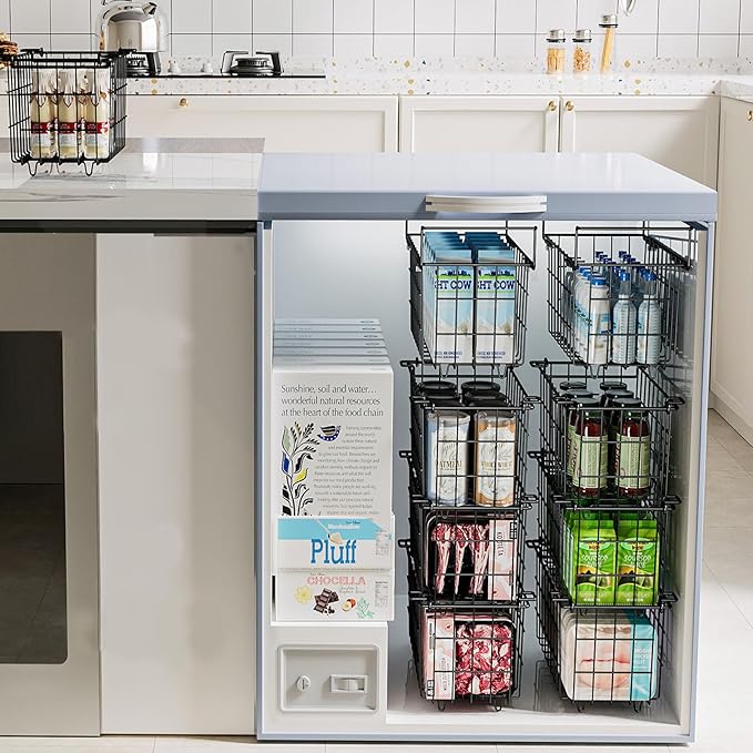 Freezer Baskets for Chest Freezer, Freezer Organizer Bins, 2 Pack Stackable Deep Chest Freezer Organizer & 1 Pack Adjustable Hanging Chest Freezer Organizer for 5-7 Cu.FT Deep Freezer Sort Frozen Food