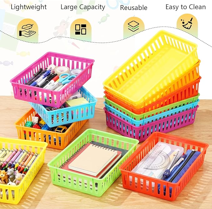 Wenqik Set of 12 Plastic Baskets for Organizing 10.24 x 6.5 x 2.36 Inch Rectangular Trays Plastic Organizer Bins Rectangle for Desk Organization (Colorful)