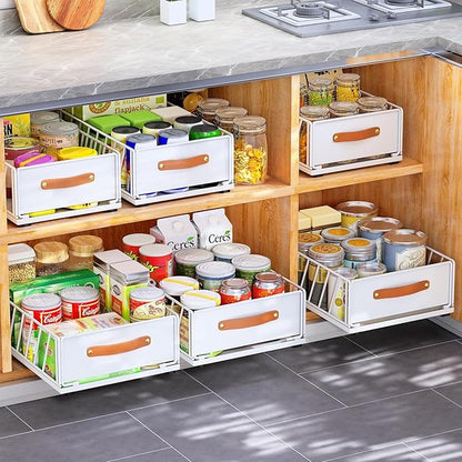 Pull out Cabinet Organizer Fixed with Adhesive Nano Film,Heavy Duty Slide out Pantry Shelves Drawer Storage,Sliding Mesh Cabinet Basket with Handle for Kitchen, Bathroom,Home, 9.8"W X 15.7"D X 6.2"H