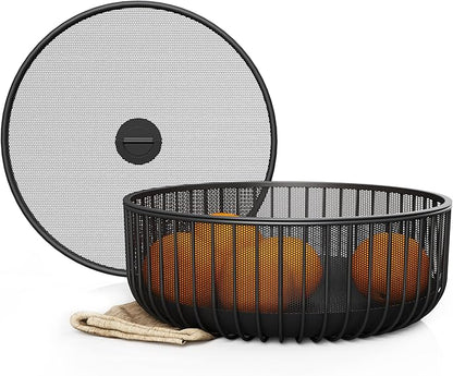 Metal Fruit Bowl with Mesh Lid and Basket - Fruit and Vegetable Holder For Kitchen Counter - Countertop Display Baskets Organizer - Bowl Storage for Veggie, Fruits, Snack, and Banana - Black