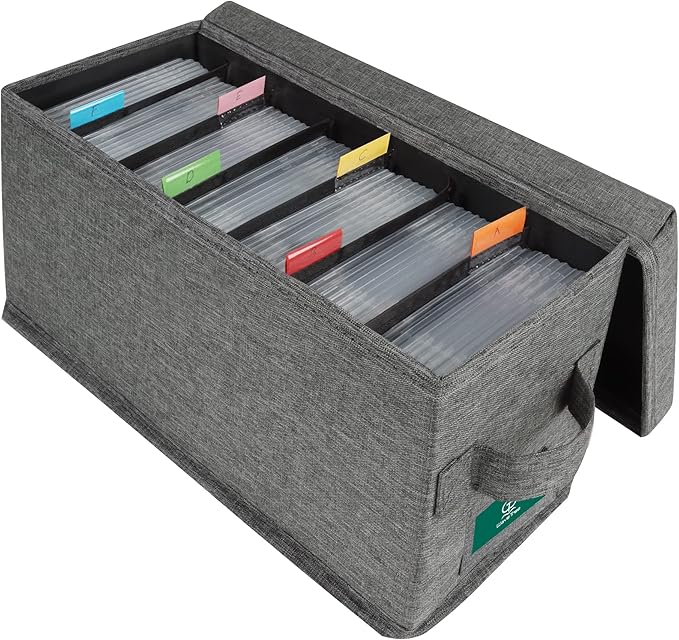 CD Storage Box with Lid, Practical CD Case Holder Organizer with Index Labels, 14.6 x 5.7 x 6.1 Inches CD Storage Case to Store up to 35 CDs Jewel Cases, and 193 Discs- Grey