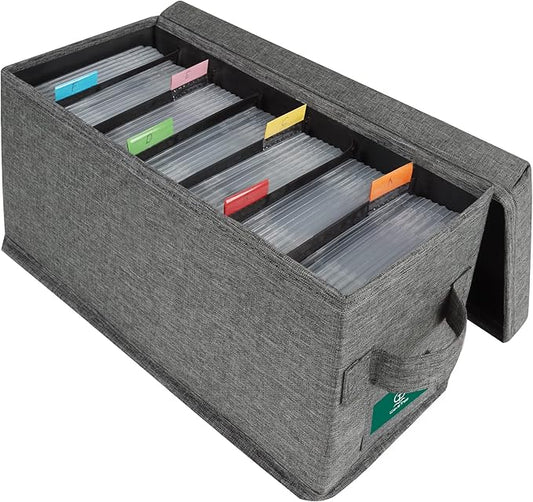 CD Storage Box with Lid, Practical CD Case Holder Organizer with Index Labels, 14.6 x 5.7 x 6.1 Inches CD Storage Case to Store up to 35 CDs Jewel Cases, and 193 Discs- Grey