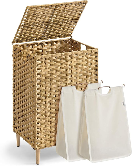 SONGMICS Laundry Hamper with Lid, PE Rattan Laundry Basket with Removable Liner, Storage Basket for Bedroom Living Room, 2-Section Sorter, 29 Gallons (110 L), Goose Yellow ULCB222YE01