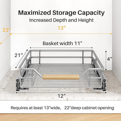 Pull out Cabinet Organizer, 12"W X 21"D, Heavy Duty Smooth Sliding Under Cabinet Shelves for Pots and Pans, Full-Extension Roll out Drawers, Slide out Organization for Home Kitchen Pantry
