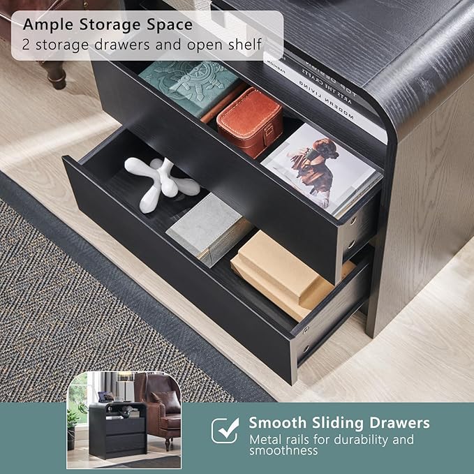 Aitjunz 25" Tall Modern Nightstand with Charging Station, 23.6'' Wide Wood Bedside Table w/2 Storage Drawers, Large Mid Century End Table for Bedroom, Living Room, Curved Profile Design, Black