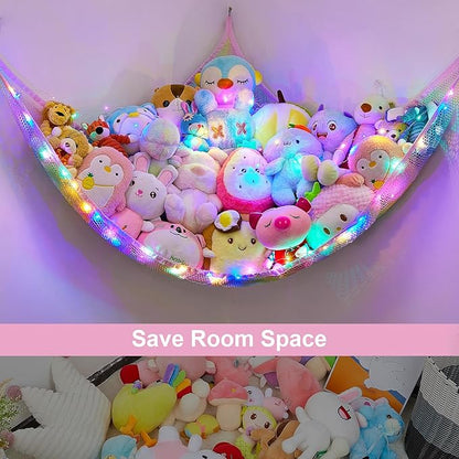Unicorn Castle Stuffed Animals Net or Hammock Kids Toy Storage Organizer with LED Light Hanging Corner Stuffed Animals Holder Kids Girls Room Decor,Rainbow-A,Large (Pack of 1)
