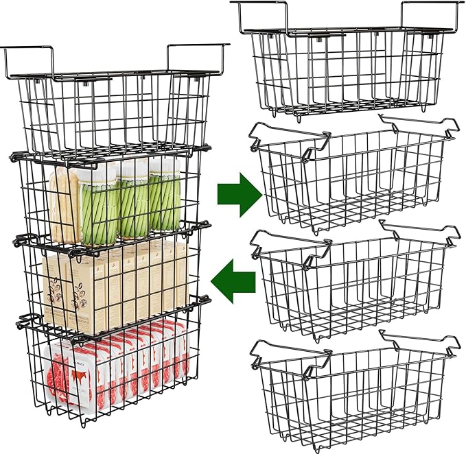 Freezer Baskets for Chest Freezer - 3 Pack Stackable Organizer Bins & 1 Pack Adjustable Hanging Organizer for 5-7 Cu.FT Deep Freezer - Sort Frozen Food
