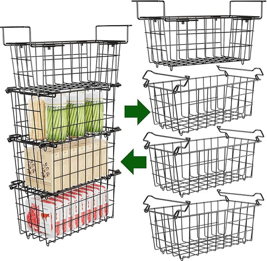 Freezer Baskets for Chest Freezer - 3 Pack Stackable Organizer Bins & 1 Pack Adjustable Hanging Organizer for 5-7 Cu.FT Deep Freezer - Sort Frozen Food