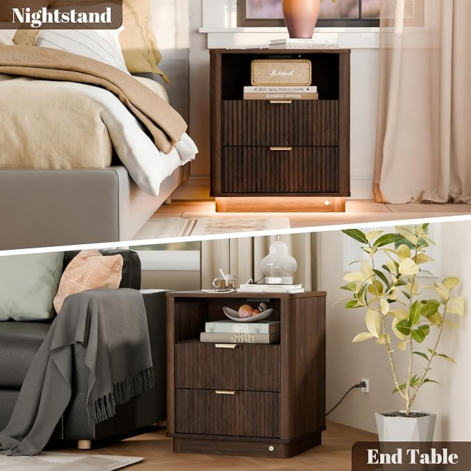 BONITURE Fluted Nightstand, Curved Night Stand with Charging Station Lighting, Wood End Table with 2 Drawers, Modern Side Table Storage Cabinet for Bedroom Office,(1, Walnut)