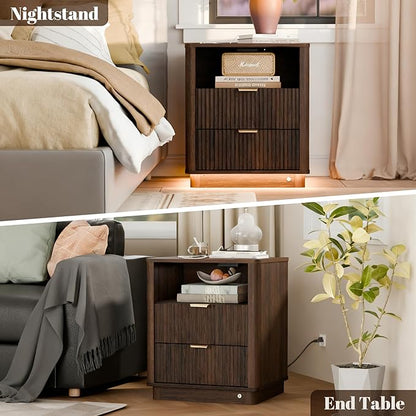 BONITURE Fluted Nightstand, Curved Night Stand with Charging Station Lighting, Wood End Table with 2 Drawers, Modern Side Table Storage Cabinet for Bedroom Office,(1, Walnut)