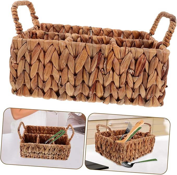 Woven Storage Basket for Tableware Divided Hyacinth Cutlery Organizer Practical Silverware Basket for Kitchen and Dining Natural Material Rustic Home Decor