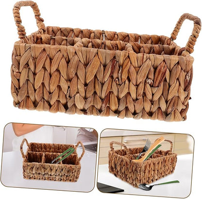 Woven Storage Basket for Tableware Divided Hyacinth Cutlery Organizer Practical Silverware Basket for Kitchen and Dining Natural Material Rustic Home Decor