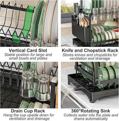 2-Tier Dish Drying Rack for Kitchen Counter - Space-Saving Dish Drainer with Extendable Drainboard, Removable Cutlery Holder, Cup & Knife Slots, Multifunctional Plate & Bowl Organizer (Black)