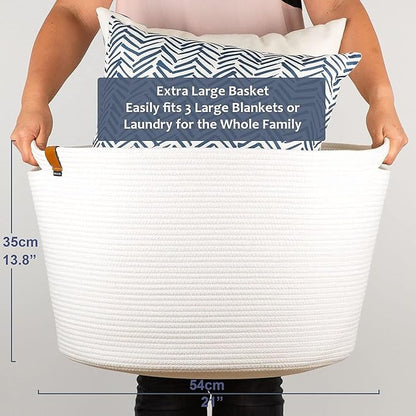 DENJA & CO Extra Large Blanket Basket for Living Room - White Farmhouse Woven Baskets for Storage | Cotton Rope Large Baskets for Blankets, Pillows, Toys, or Laundry | Ivory White (21" Wide x 13.8" Tall)