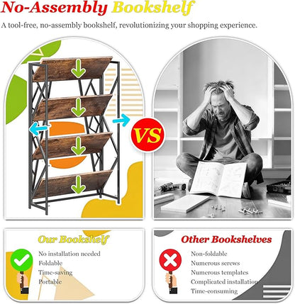 UDD No Assembly Wide Folding Bookshelf, 50.8" H x 30.9" W, 4 Tier Foldable Book Shelf Industrial Bookcase, Vintage Collapsible Storage Shelves for Home Office Living Room Bedroom, Rustic Brown Black