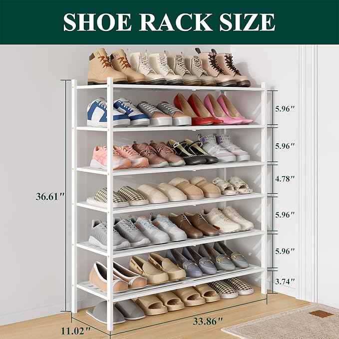 Smiry Long Bamboo Shoe Rack 6-Tier, Stackable Wooden Shoe Organizer for Entryway & Closet, Free Standing Wood Shoe Storage Shelf for Front Door & Small Spaces, White