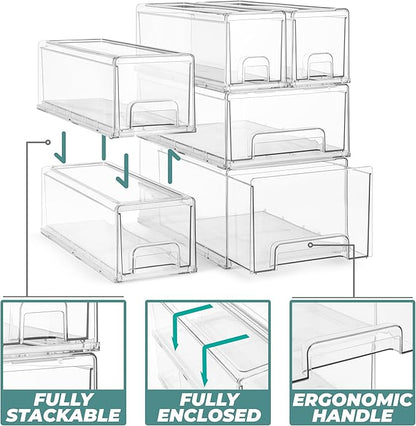 Sorbus Small Wide Clear Stackable Storage Drawers – 4-Pack Plastic Organizer Bins with Handles – Stackable Pull-Out Storage Drawers for Closet, Pantry, Office, Bathroom, Craft, and Toy Organization