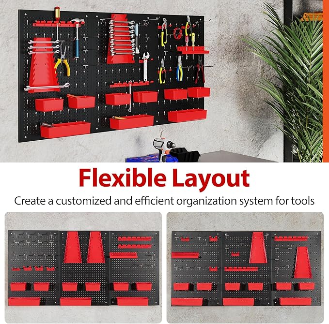 Tool Pegboard Organizer, 4 FT Metal Pegboard Wall with Hooks, Storage Bins & Tool Holders, Peg Board Kit Garage Storage System for Workbench Shed, Craft Room & Workshop (Black+Red)