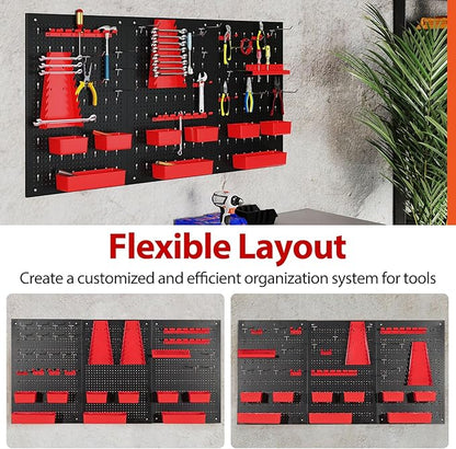 Tool Pegboard Organizer, 4 FT Metal Pegboard Wall with Hooks, Storage Bins & Tool Holders, Peg Board Kit Garage Storage System for Workbench Shed, Craft Room & Workshop (Black+Red)