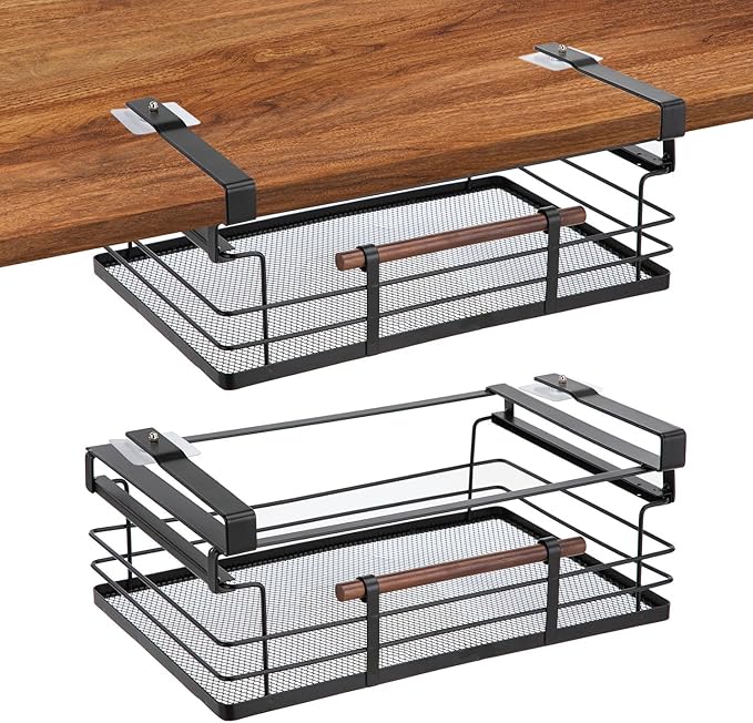 Home Zone Living 2-Pack Under Shelf Pull-Out Drawer Kitchen Cabinet Organizer with Steel Mesh Basket and Wooden Handle, 17 Inch Length