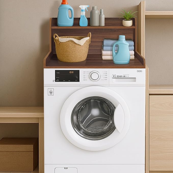Royxen Washer Dryer Countertop with Shelf,2-Tier Laundry Countertop for Single Washer and Dryer,Soild Wood Washer Dryer Topper for Laundry Room Organization (Walnut)