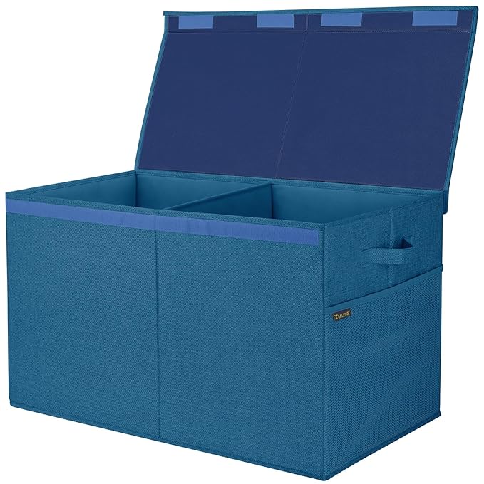 BALEINE Fabric Storage Bins with Lid, Collapsible Extra Large Storage Boxes Bins Baskets with Divider for Home Organizing (25"x13"x16", Navy Blue)