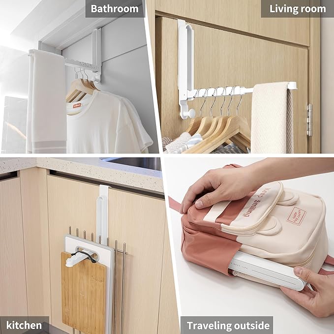 RFOUO Clothes Drying Rack Foldable Fit Door up to 1 3/8" Optimal 1pc,Over The Door Hanger with Retractable Rod,Over The Door Hanger Hooks for Laundry Bathroom Bedroom Travel Hangers(White, 1 Pack)