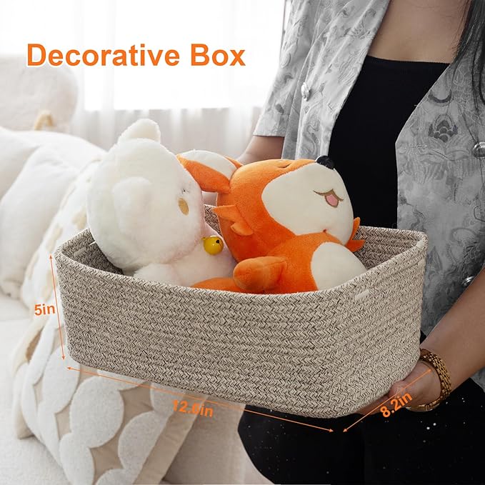 Small Storage Baskets for Organizing, Woven Storage Bins for Shelves, Gift Basket Empty, Cute Decorative Closet Organizer, Baby Rope Basket, Dog Toy Storage, 12.6x8.2x5”, 3Packs Mixed Brown