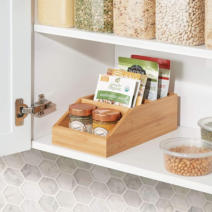 mDesign Bamboo Wood Food Storage Bin with Divided 3 Compartments and Sloped Front for Kitchen Cabinet, Pantry, Shelf to Organize Seasoning Packets, Powder Mixes, Spices, Snacks - Natural