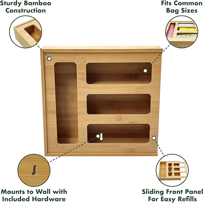 HELIA Bamboo Zip Storage Bag Organizer for Kitchen Drawer and Wall Mount | Solid Bamboo Food Storage Bag Holder | Plastic Bag Organizer for Sandwich and Snack Storage
