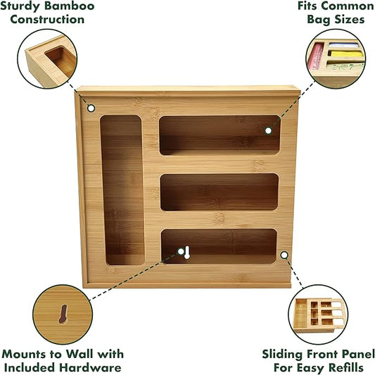 HELIA Bamboo Zip Storage Bag Organizer for Kitchen Drawer and Wall Mount | Solid Bamboo Food Storage Bag Holder | Plastic Bag Organizer for Sandwich and Snack Storage