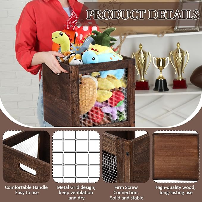 2 Pack Stackable Wood Storage Bins with Metal Wire and Handles 13 x 13 x 13 Inch, 36l Cube Vinyl Record Holder Wooden Storage Crate Basket for Shelve Fruit Vegetable Pantry Toy(Walnut)