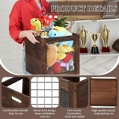 2 Pack Stackable Wood Storage Bins with Metal Wire and Handles 13 x 13 x 13 Inch, 36l Cube Vinyl Record Holder Wooden Storage Crate Basket for Shelve Fruit Vegetable Pantry Toy(Walnut)