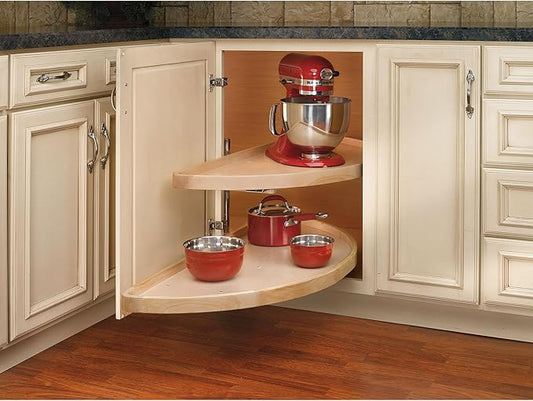 Rev-A-Shelf 32" Dual Shelf Half Moon Lazy Susan Organizer for Blind Corner Kitchen Cabinets, Pull Out Turntable Storage Trays, Wood, 4WLS882-32-570